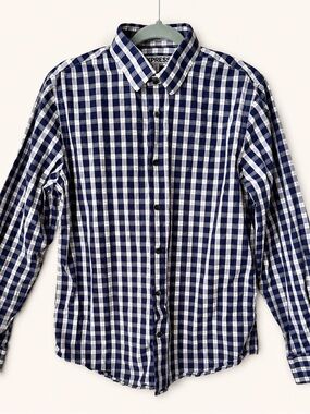 Express Men Blue Gingham Check Fitted Long Sleeve Button Up Shirt Size M 15
